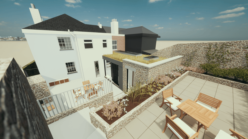 Computer generated image of a rear extension to a Grade II listed building in Falmouth, Cornwall