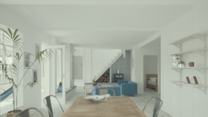 A computer generate image the open plan living room of a full house renovation to a property on the coast of Chapel Porth, Cornwall
