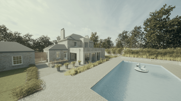 Computer generate image of a new flat roof extension and pool