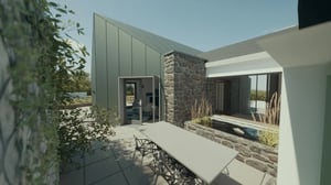 cgi of modern extension to traditional cottage