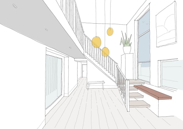 computer sketch of hallway with large hanging lights