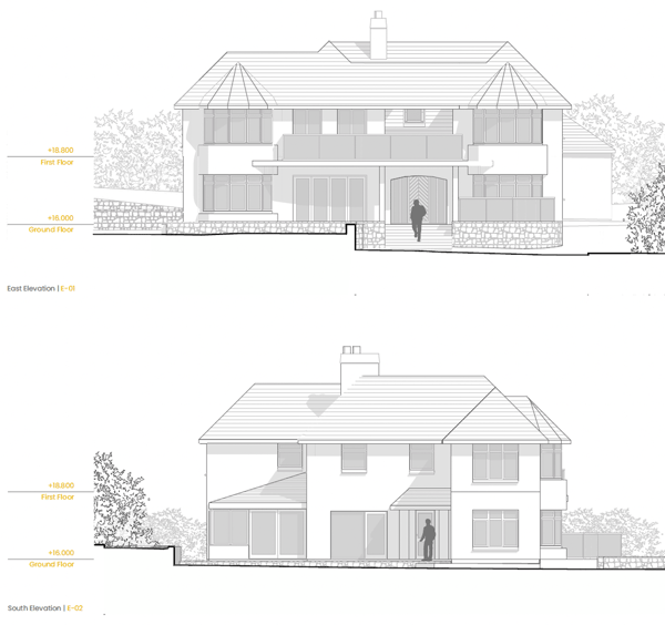 greyscale elevations of full house renovation in Cornwall