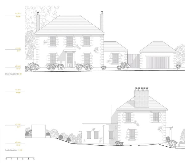 west and north elevations of period property