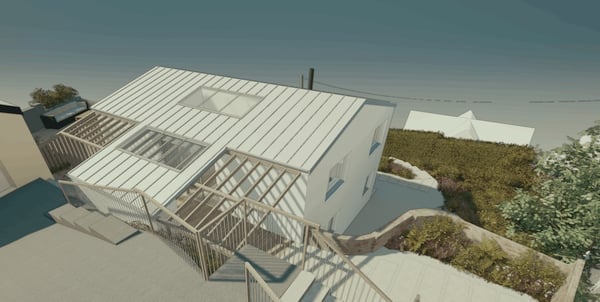 external rendered image looking down on house with solar shading