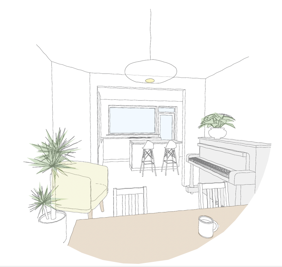 internal sketch showing the living and dining area