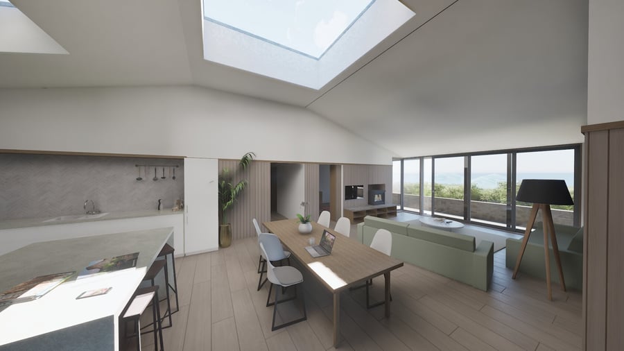 render of new build open kitchen kitchen dining and living space