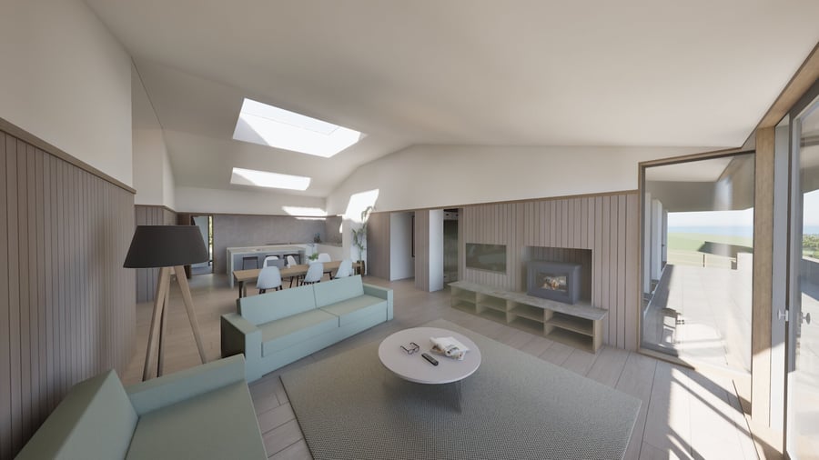 render of open plan living and kitchen area