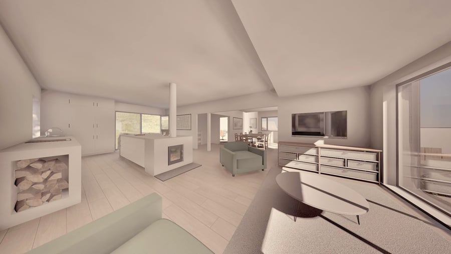 render of sunny sitting area adjacent to kitchen