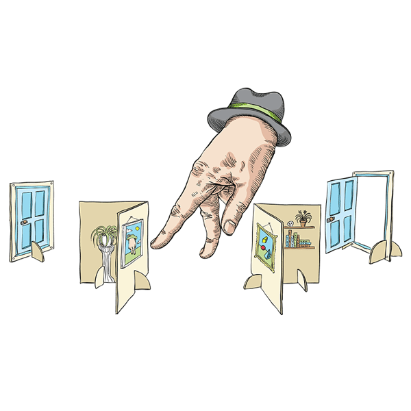 marraums illustration of a hand walking through doors