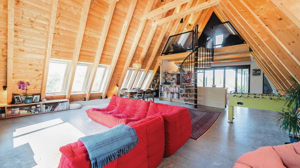 Internal view of A-Frame structure and open plan living space