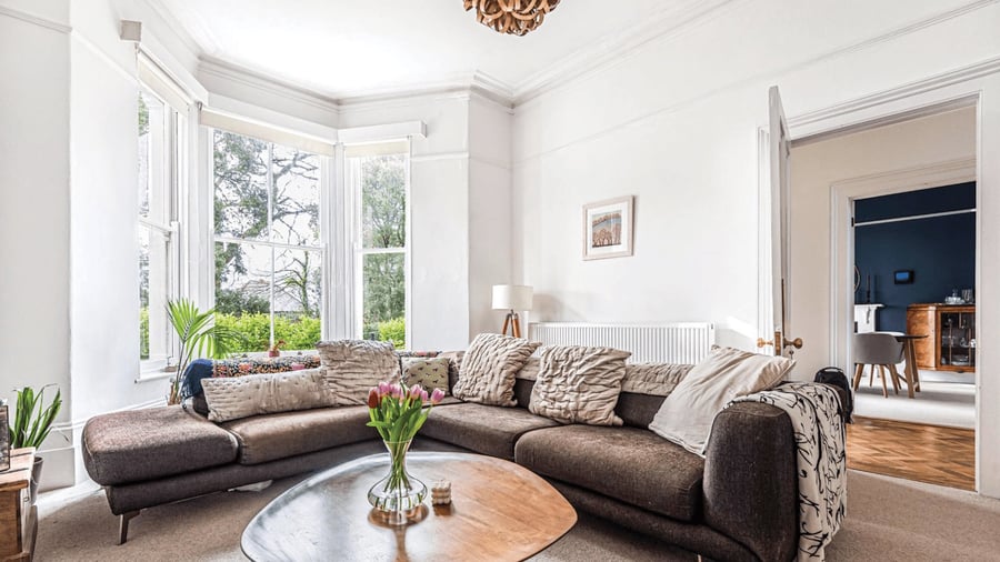 living room with large corner sofa and lots of plants