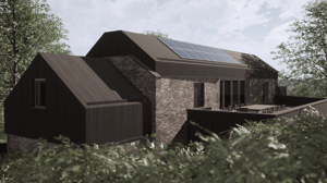 3d mockup of a barn conversion with solar panels